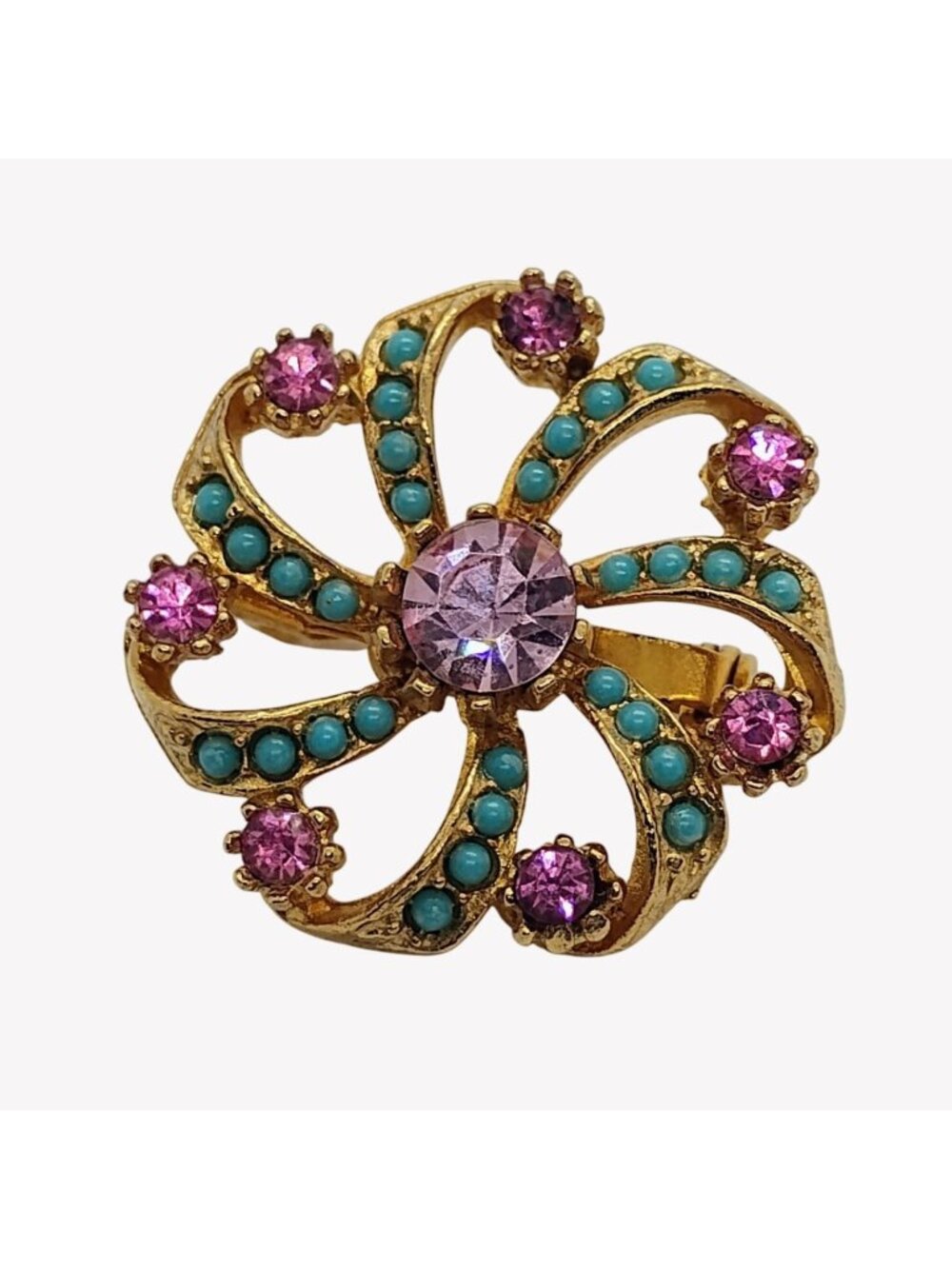 Vtg Faux Turquoise Pink Lavender Purple Rhinestone Swirly Gold Tone Brooch 1"